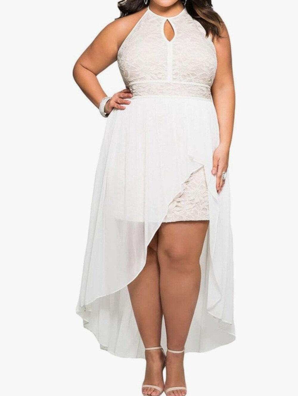 Red Dot Boutique Plus Size 1X White Lace High-Low Cocktail Halter Dress
